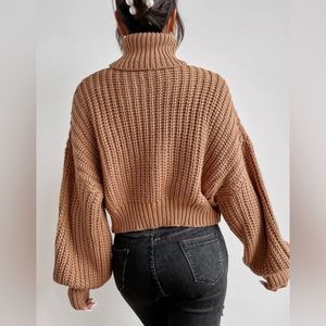 Women Long Sleeve Flowers Turtleneck Cropped Sweater